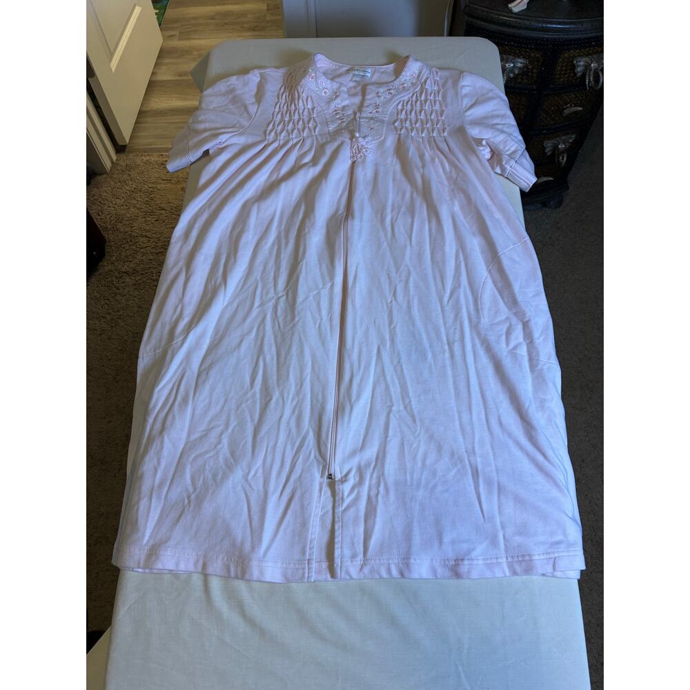 Miss Elaine Pink House Dress Robe Womens Large Zip Front Embroidered Lounger